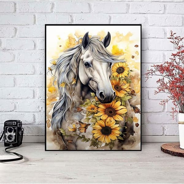 OBOSOE Diamond Painting - 5D DIY Diamantmaleri, 30x40cm (Hvid Hest og Solsikker)