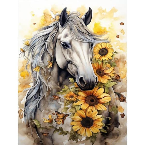 OBOSOE Diamond Painting - 5D DIY Diamantmaleri, 30x40cm (Hvid Hest og Solsikker)