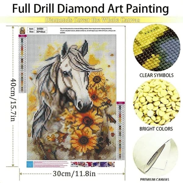 OBOSOE Diamond Painting - 5D DIY Diamantmaleri, 30x40cm (Hvid Hest og Solsikker)