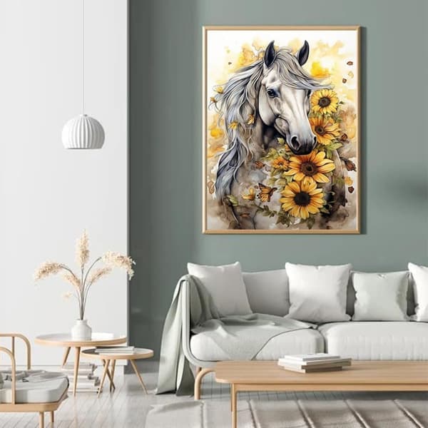 OBOSOE Diamond Painting - 5D DIY Diamantmaleri, 30x40cm (Hvid Hest og Solsikker)