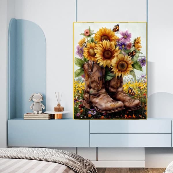 OBOSOE Diamond Painting - 5D DIY Diamantmaleri, 30x40cm (Cowboystøvler med Solsikkebuket)