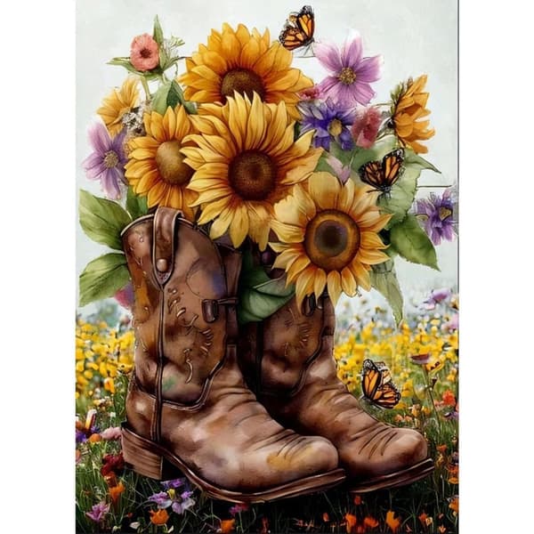 OBOSOE Diamond Painting - 5D DIY Diamantmaleri, 30x40cm (Cowboystøvler med Solsikkebuket)