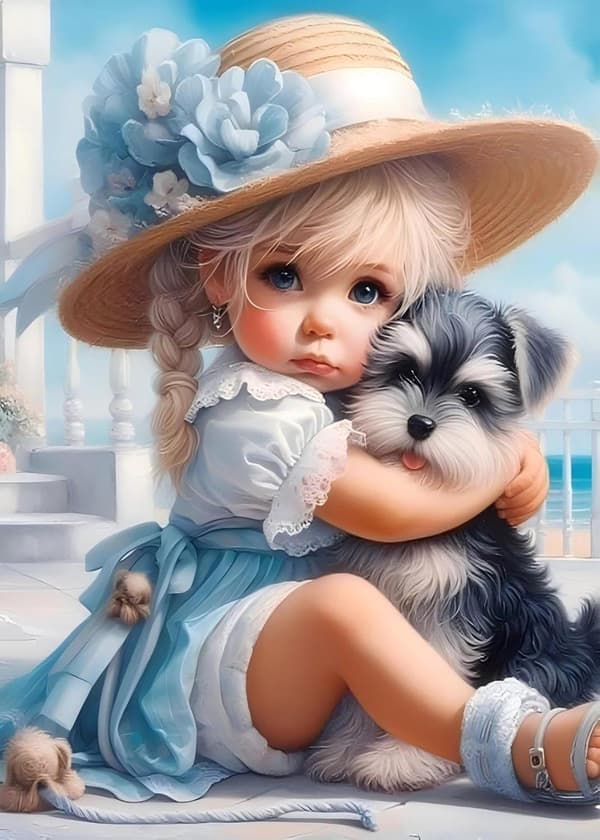 OBOSOE Girl & Dog 5D timanttimosaiikki - meriaihe, täysporahelmiä, lahja 30x40 cm