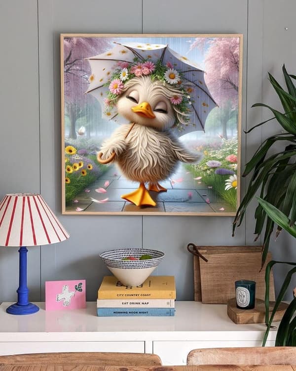 OBOSOE Duck Parasol 5D Diamond Art - Flower Rain, Fuld Drill DIY, Perlemaleri 35x35 cm