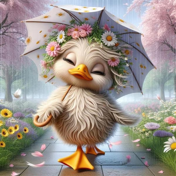 OBOSOE Duck Parasol 5D Diamond Art - Flower Rain, Fuld Drill DIY, Perlemaleri 35x35 cm