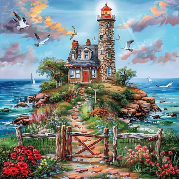 OBOSOE Lighthouse 5D Diamantmosaik - Fuld bore perler, DIY gave, Vægdekoration 35x35 cm