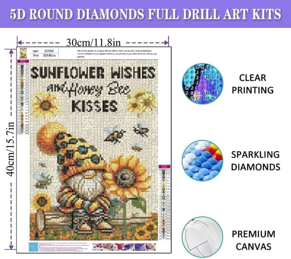 OBOSOE Santa Sunflower 5D Diamond Art - Mehiläissuunnittelu, täysi pora DIY, helmimaalaus 30x40 cm