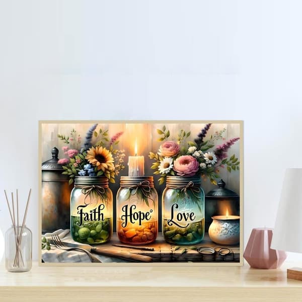 OBOSOE Toivepullo 5D Timanttimosaiikki - Faith Hope Love, Täysi pora DIY, Helmikoriste 40x30 cm