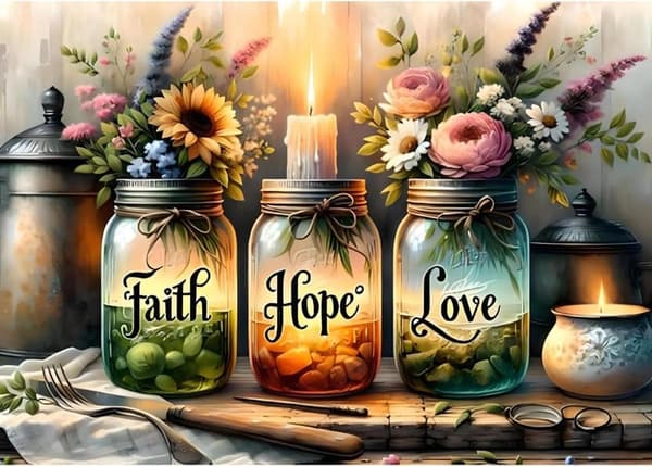 OBOSOE Toivepullo 5D Timanttimosaiikki - Faith Hope Love, Täysi pora DIY, Helmikoriste 40x30 cm