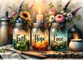 Pikkukuva 1 / 7: OBOSOE Toivepullo 5D Timanttimosaiikki - Faith Hope Love, Täysi pora DIY, Helmikoriste 40x30 cm