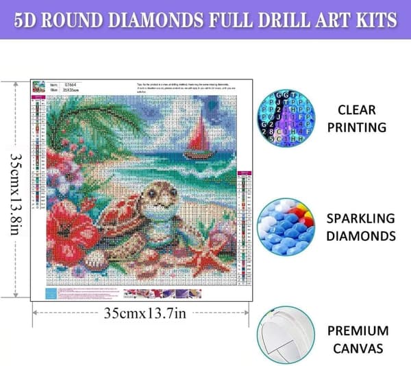 OBOSOE skildpadde på stranden 5D diamantmosaik - dyremotiver for begyndere, runde perler med fuld bor, DIY vægdekoration 35x35 cm