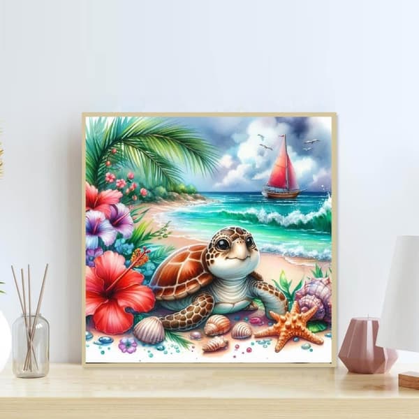 OBOSOE skildpadde på stranden 5D diamantmosaik - dyremotiver for begyndere, runde perler med fuld bor, DIY vægdekoration 35x35 cm