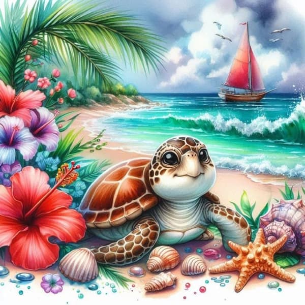 OBOSOE skildpadde på stranden 5D diamantmosaik - dyremotiver for begyndere, runde perler med fuld bor, DIY vægdekoration 35x35 cm