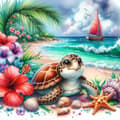 Miniatyrbillede 1 af 7: OBOSOE skildpadde på stranden 5D diamantmosaik - dyremotiver for begyndere, runde perler med fuld bor, DIY vægdekoration 35x35 cm
