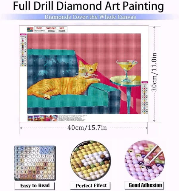 OBOSOE Kat med Blomster 5D Diamantkunst - Fuld Drill DIY, Perlemaleri Begynder, Lærred Vægdekoration 40x30 cm