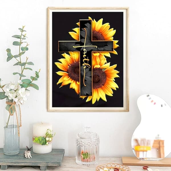OBOSOE Diamond Painting & Diamantmålning – 5D Full Drill Kors & Solros Andlig Design, DIY Pärlemålning Present – 40×30 cm