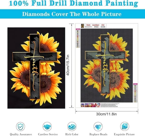 OBOSOE Diamond Painting & Diamantmålning – 5D Full Drill Kors & Solros Andlig Design, DIY Pärlemålning Present – 40×30 cm