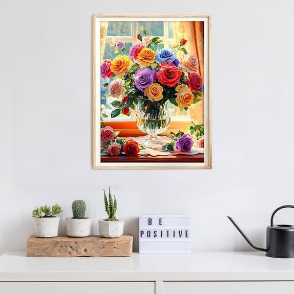 OBOSOE Diamond Painting & Diamantmålning – 5D Full Drill Blommor vid Fönsterkarm, Pärlemålning DIY Väggdekoration – 30×40 cm