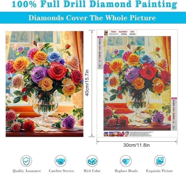 OBOSOE Diamond Painting & Diamantmålning – 5D Full Drill Blommor vid Fönsterkarm, Pärlemålning DIY Väggdekoration – 30×40 cm