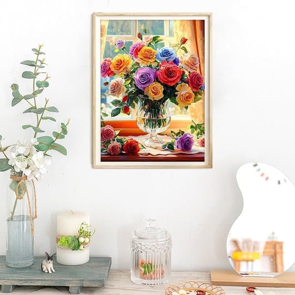 OBOSOE Diamond Painting & Diamantmålning – 5D Full Drill Blommor vid Fönsterkarm, Pärlemålning DIY Väggdekoration – 30×40 cm