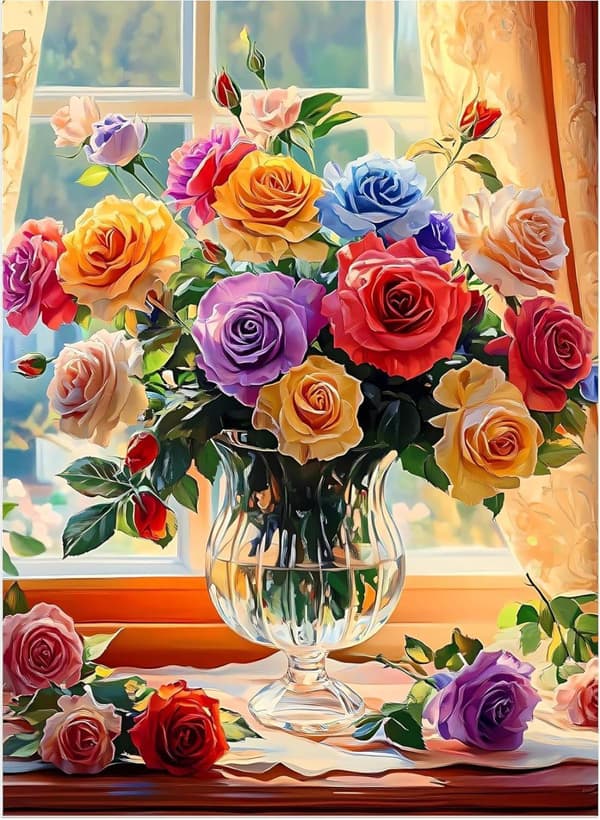OBOSOE Diamond Painting & Diamantmålning – 5D Full Drill Blommor vid Fönsterkarm, Pärlemålning DIY Väggdekoration – 30×40 cm