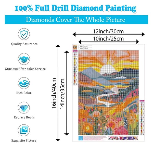 OBOSOE Diamantartlandskap – 5D full-drill diamantmålning vuxna, DIY soluppgångslandskap, 12x16 tum. Perfekt hemdekoration & kreativt fritidsprojekt
