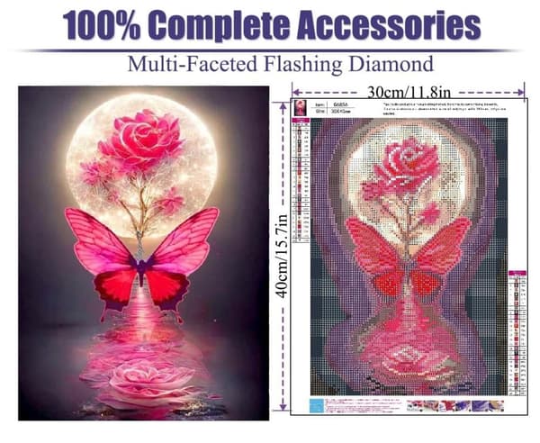 OBOSOE Moon Diamond Art Kits Voksne – Rose & Butterfly 5D Diamond Painting, Full Drill. DIY perlemaleri, 12x16 tommer, ideel boligindretning og gave