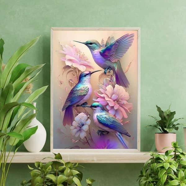 OBOSOE Diamond Painting - 5D DIY-timanttimaalaus, 30x40cm (värikkäitä lintuja ja vaaleanpunaisia kukkia)
