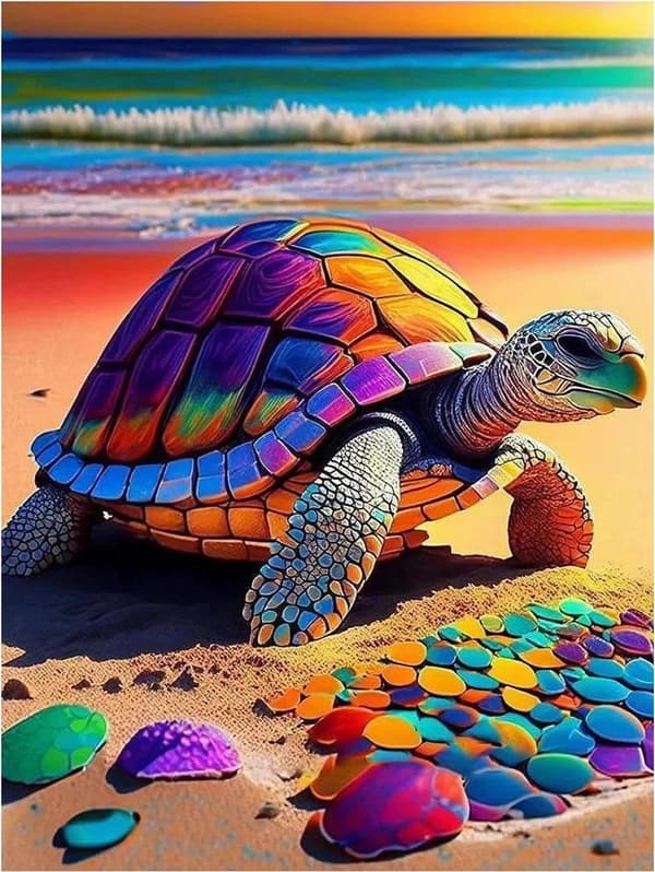 OBOSOE Diamond Painting - 5D DIY Diamantmaleri, 30x40cm (Farverig skildpadde på stranden)