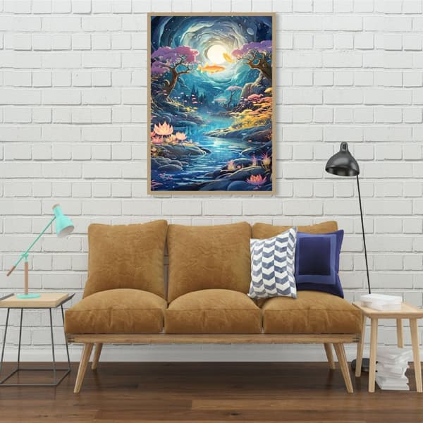 OBOSOE Diamond Painting - 5D DIY Diamantmålning, 30x40cm (Mystisk Grotta Med Koi Och Månsken)