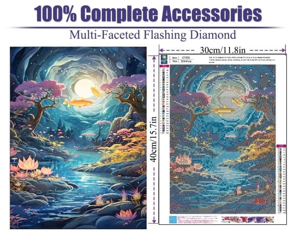 OBOSOE Diamond Painting - 5D DIY Diamantmålning, 30x40cm (Mystisk Grotta Med Koi Och Månsken)