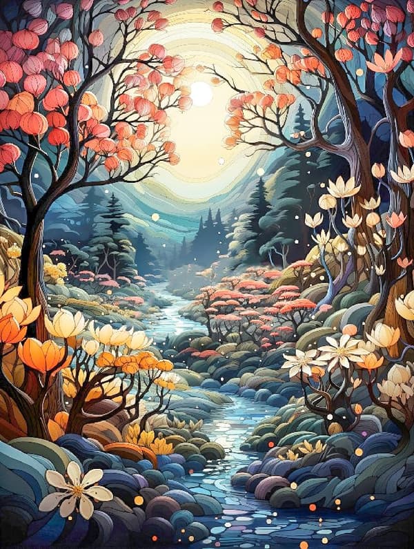 OBOSOE Diamond Painting - 5D DIY Diamantmålning, 30x40cm (Månsken Över Fantastisk Dalälvs Skog)
