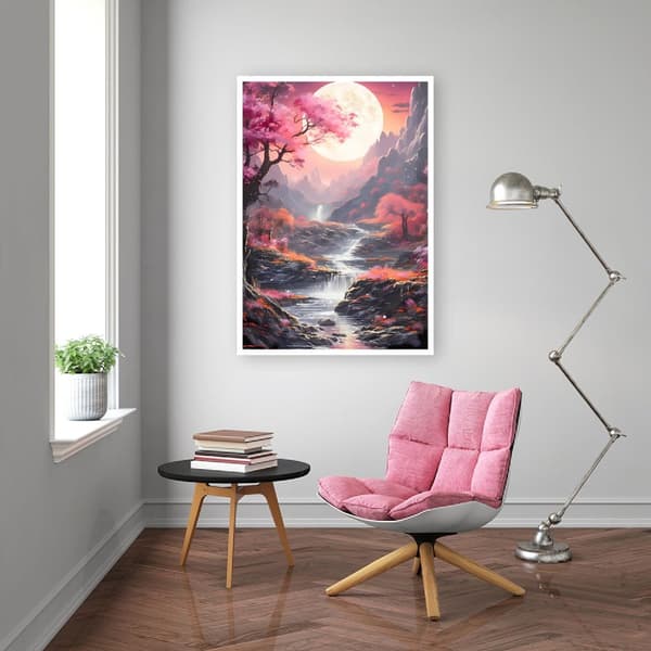 OBOSOE Diamond Painting - 5D DIY Diamantmålning, 30x40cm (Månsken Över Rosa Fjälloch Vattenfall)