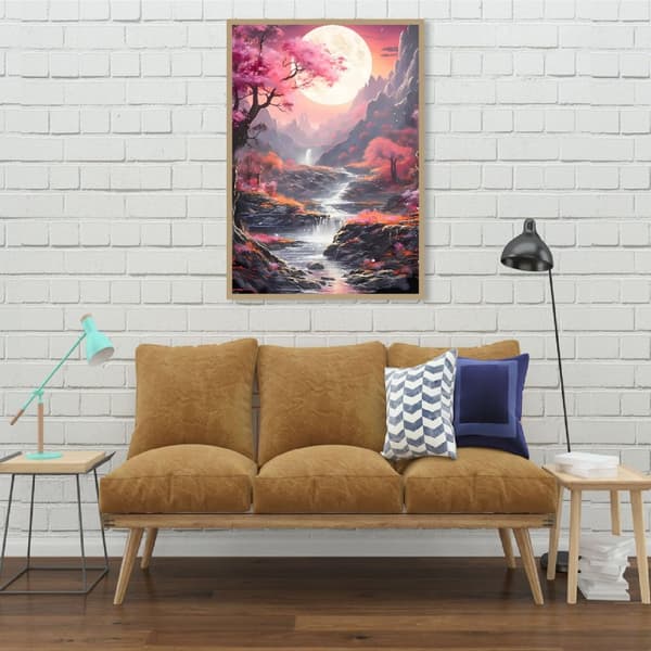 OBOSOE Diamond Painting - 5D DIY Diamantmålning, 30x40cm (Månsken Över Rosa Fjälloch Vattenfall)