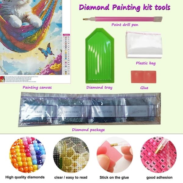 OBOSOE Diamond Painting - 5D DIY Diamantmålning, 30x40cm (Katt I Hängmatta Med Fjärilar)