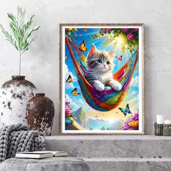 OBOSOE Diamond Painting - 5D DIY Diamantmaleri, 30x40cm (Kat i hængekøje med sommerfugle)