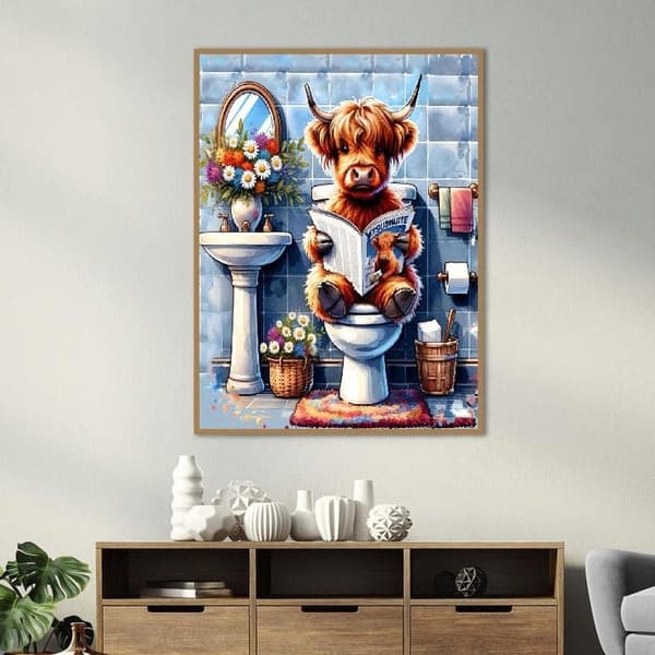 OBOSOE Diamond Painting - 5D-tee-se-itse-timanttimaalaus, 30x40cm (Highland Cow lukee sanomalehteä wc:ssä)