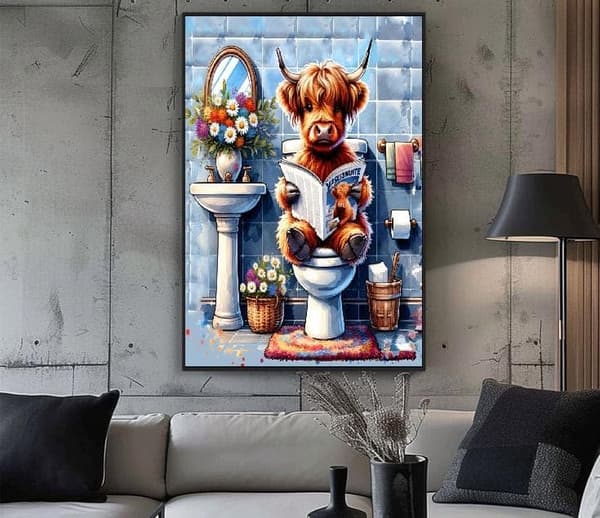 OBOSOE Diamond Painting - 5D-tee-se-itse-timanttimaalaus, 30x40cm (Highland Cow lukee sanomalehteä wc:ssä)