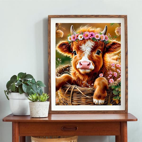 OBOSOE Diamond Painting - 5D DIY Diamantmaleri, 30x40cm (Venlig ko med blomsterkrans)