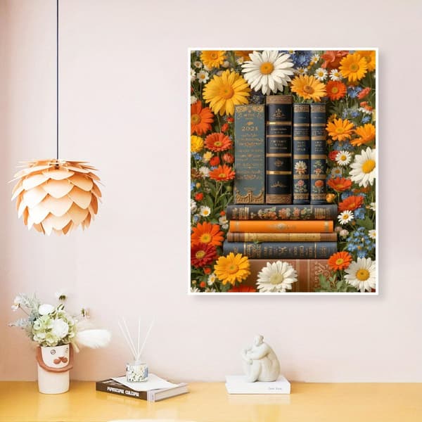 OBOSOE Diamond Painting - 5D DIY Diamantmaleri, 30x40cm (Retro Bøger Omgivet af Blomster)