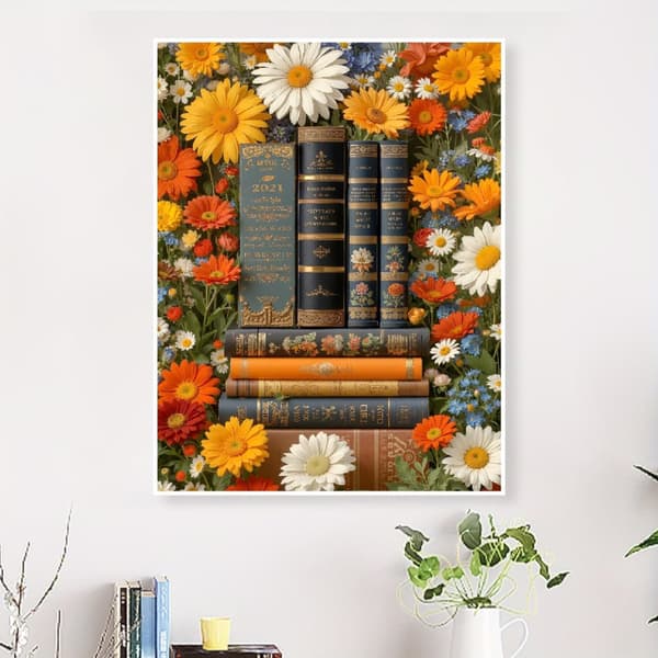 OBOSOE Diamond Painting - 5D DIY Diamantmaleri, 30x40cm (Retro Bøger Omgivet af Blomster)