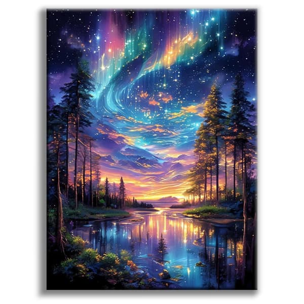 OBOSOE Diamond Painting - 5D DIY Diamantmålning, 30x40cm (Aurora Stjärnhimlen Över Dalälv Skog)