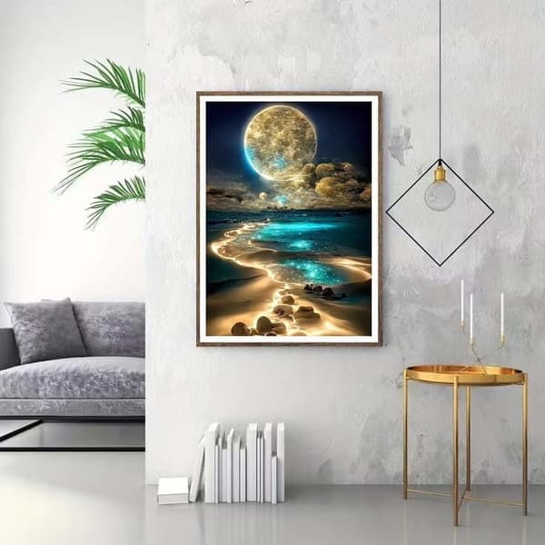 OBOSOE Moon Diamond -maalaussarjat aikuisille – DIY Moonlight Beach Diamond Art, 5D Full Drill. Jalokivimaalaus ja askartelu