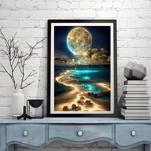 OBOSOE Moon Diamond -maalaussarjat aikuisille – DIY Moonlight Beach Diamond Art, 5D Full Drill. Jalokivimaalaus ja askartelu