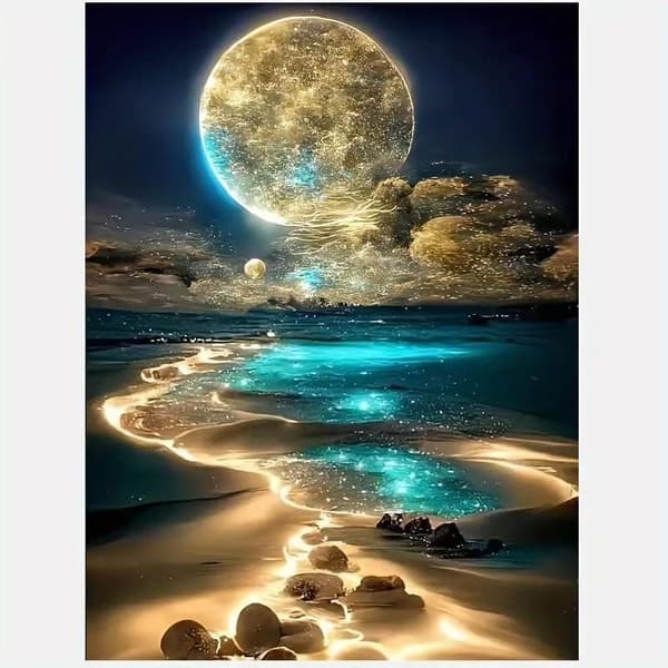 OBOSOE Moon Diamond -maalaussarjat aikuisille – DIY Moonlight Beach Diamond Art, 5D Full Drill. Jalokivimaalaus ja askartelu