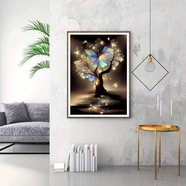 OBOSOE 5D diamantart kit vuxna – Färgrika fjärilar och lysande träd, diamantmålning kits. DIY diamantpallar, gemmaleri till hemdekoration vägg