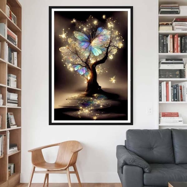 OBOSOE 5D diamantart kit vuxna – Färgrika fjärilar och lysande träd, diamantmålning kits. DIY diamantpallar, gemmaleri till hemdekoration vägg
