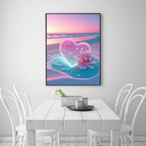 OBOSOE Beach Diamantmaleri Kits Voksne – Love Heart & Beach, gemart. 16x12 tommer, hjemmedæksel. & gave