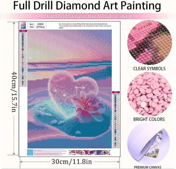 OBOSOE Beach Diamantmaleri Kits Voksne – Love Heart & Beach, gemart. 16x12 tommer, hjemmedæksel. & gave