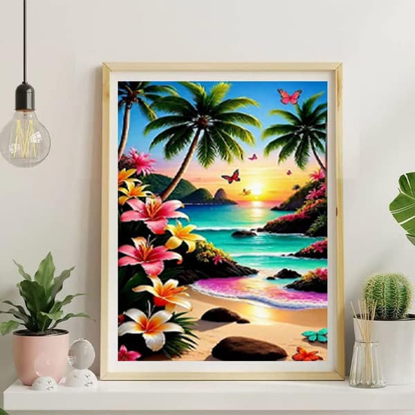 OBOSOE Strand diamantart kits vuxna – Sjösskap 5D diamantmålning, gemmaleri. 12x16 tum, hemdekoration vägg